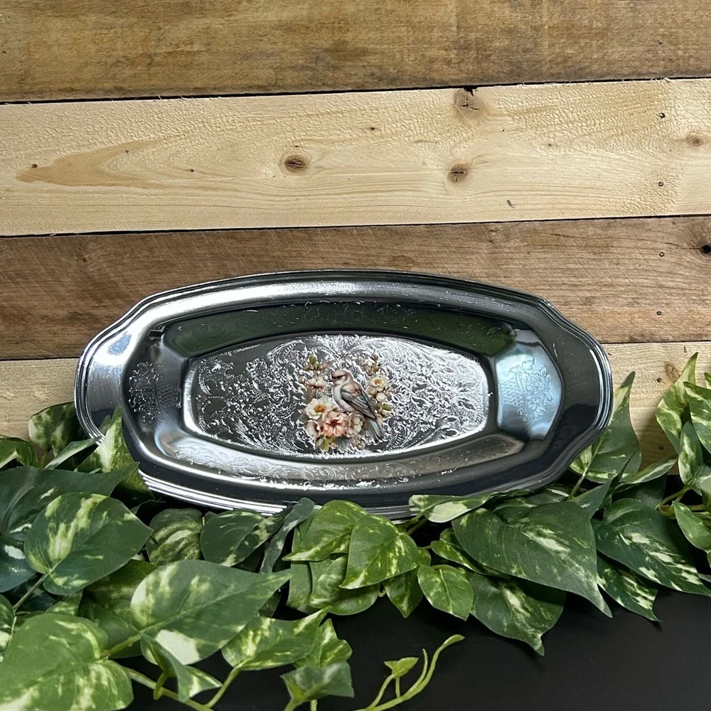 Vintage 1980's Irvinware USA Etched Chrome Oval Oblong Tray Bird Home‎ Decor